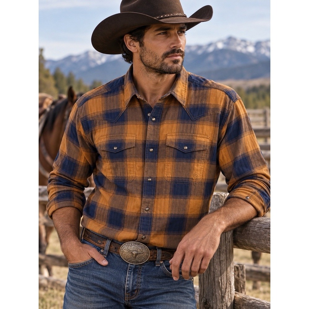 ARIAT Men's XL Retro Fit Long Sleeve Pearl Snap Shirt Cowboy Rodeo Ranch
